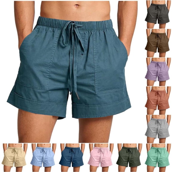 Bxsruta Men's Cotton Casual Drawstring Shorts Elastic Waist Multi-Pocket Comfortable Straight Leg Summer Shorts for Daily Wear