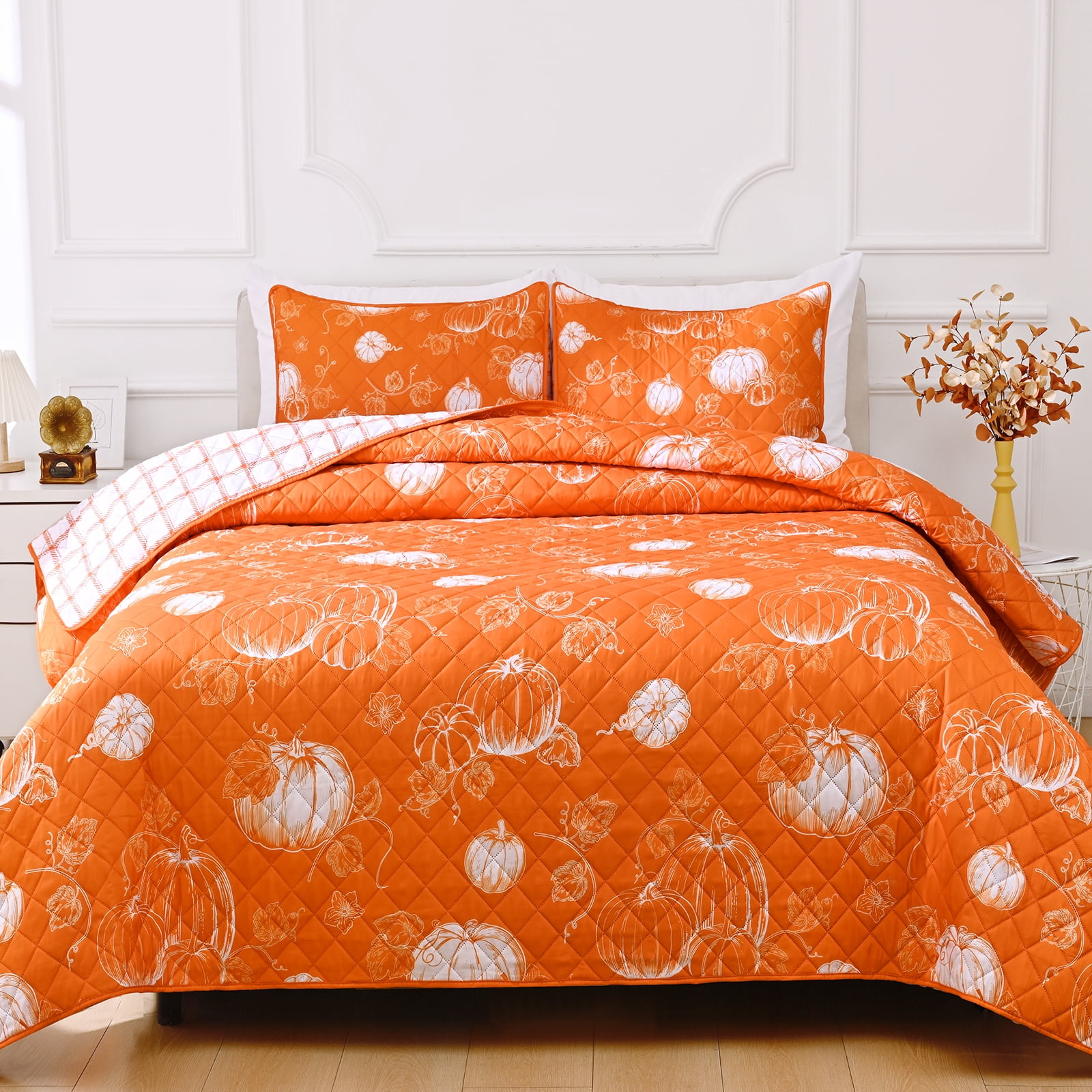 BLEUM CADE 3 Pieces Fall Quilt Set King with 2 Pillow Shams, Thanksgiving Reversible Bedding Set Pumpkins Quilt Set, Soft Lightweight Bedspread Coverlet Set