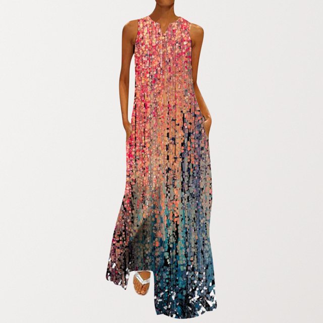 SMihono Robe Maxi Boho d'Été pour Femmes Grande Taille Mode Col en V Sans Manches Soirée d'Été Fête Imprimé Poches Gilet Longue Robe de Plage Robe d'Été