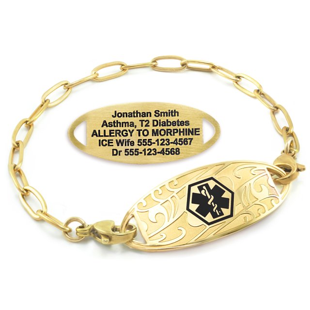 MedicEngraved Bracelet d'Alerte Médicale Personnalisé en Acier Inoxydable Or Jaune - Maillon Trombone 4 mm