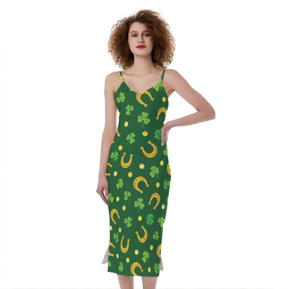Irish Saint Patrick'S Day Pattern Print Slim Fit Midi Cami Dress, Irish St. Patrick'S Day Fashion Summer Maxi Sexy Casual Dress For Women