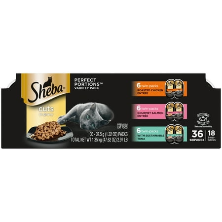 Sheba Wet Cat Food Cuts In Gravy Variety Pack  Sustainable Tuna & Roasted Chicken & Gourmet Salmon   2.6 Oz Twin-Pack Trays (18 Pk)