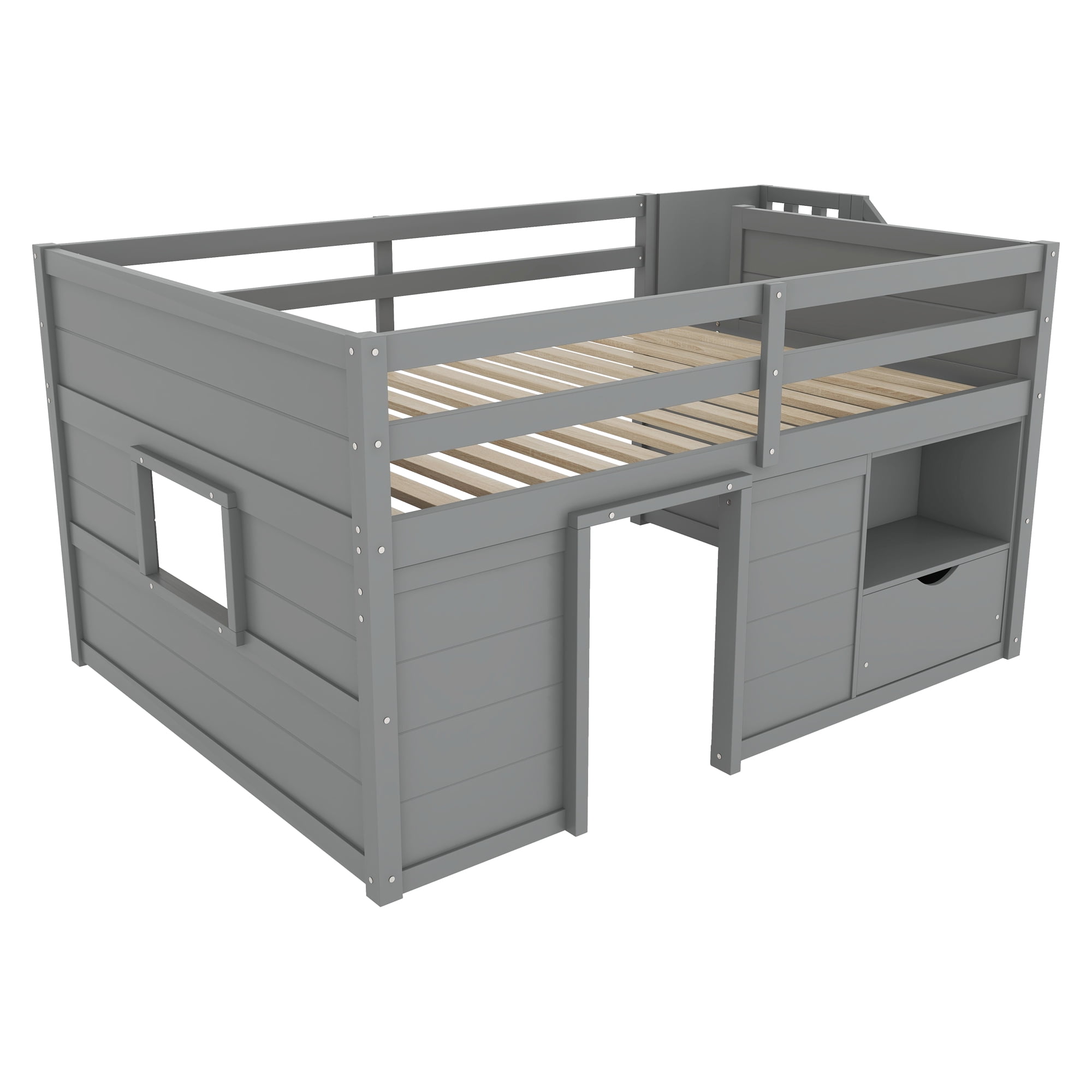 Leumius Full Size Loft Bed with Storage Stairs and Storage Drawers,Solid Wood Bed Frame with Large Under-Bed Space,Gray