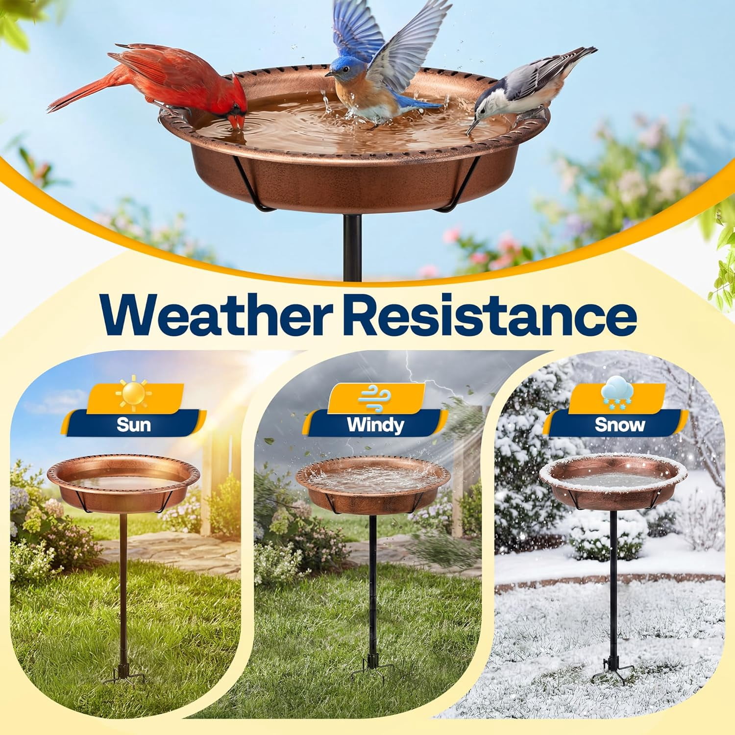 SPECSTAR Oval Bird Bath for Outside, Outdoor Birdbath Bowl with Metal Ground Stake, Weather-Resistant ABS Bird Bath and Feeder for Garden, 1.3 Gallons, Bronze