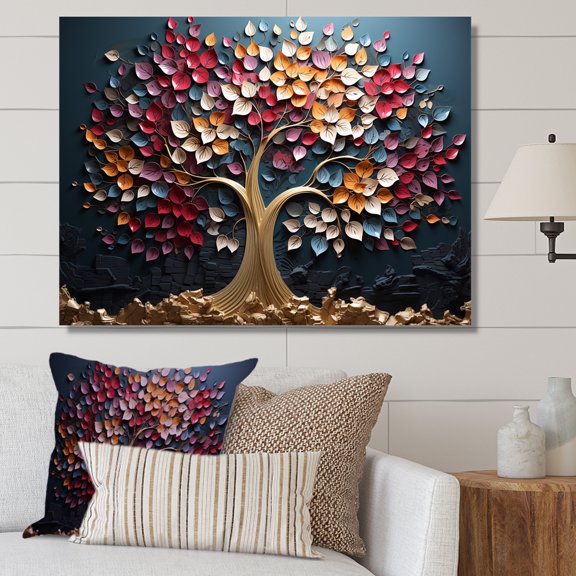 Designart "Golden Orchid Tree Garden with Pink and Blue Branches III" Landscapes Wall Art - Country Colorful Tree Entryway Wall Art Print