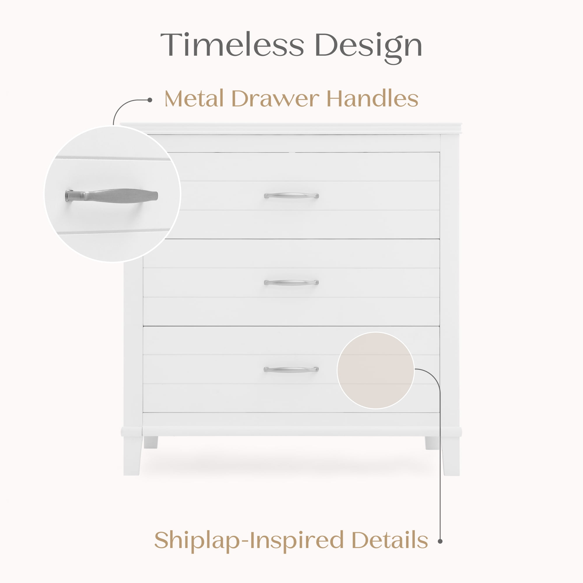 Delta Children Phoebe 3 Drawer Dresser with Interlocking Drawers, Bianca White