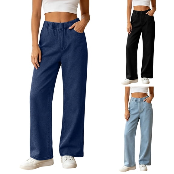VBVC Women's Wide Leg Jeans with Pockets , Elastic Waist Pull On Denim Pants For Women, XS-XL