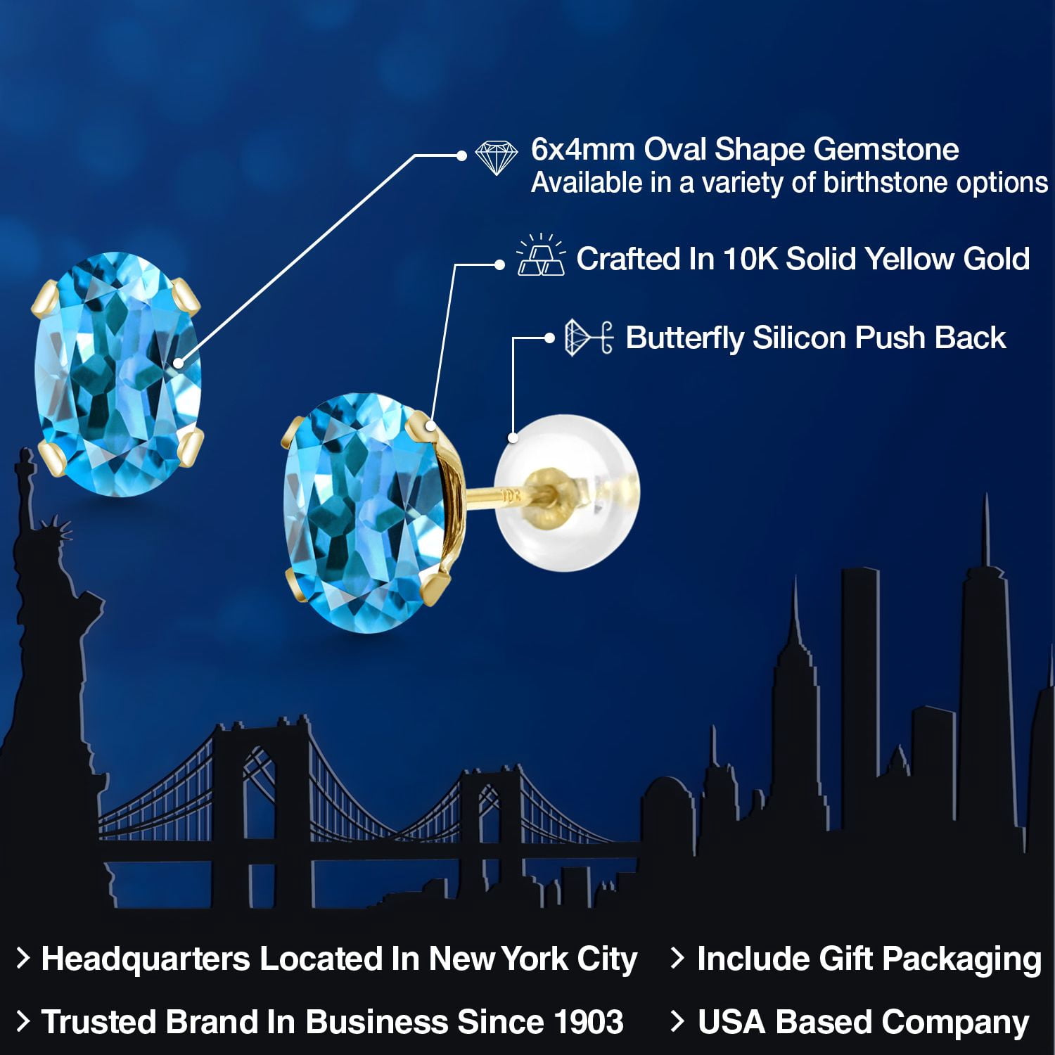 Gem Stone King 10K Yellow Gold Swiss Blue Topaz Stud Earrings for Women Men (1.10 Cttw, Gemstone November Birthstone, Oval 6X4MM)