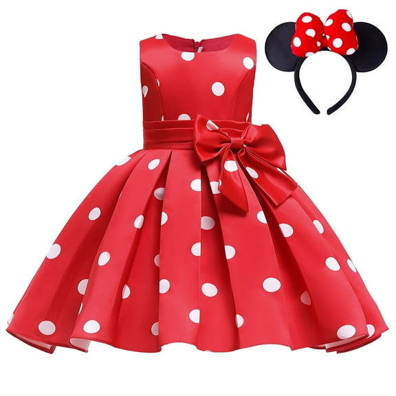 Girls Christmas Red Polka Dots Princess Bowknot Dress With Mouse Ears Headband