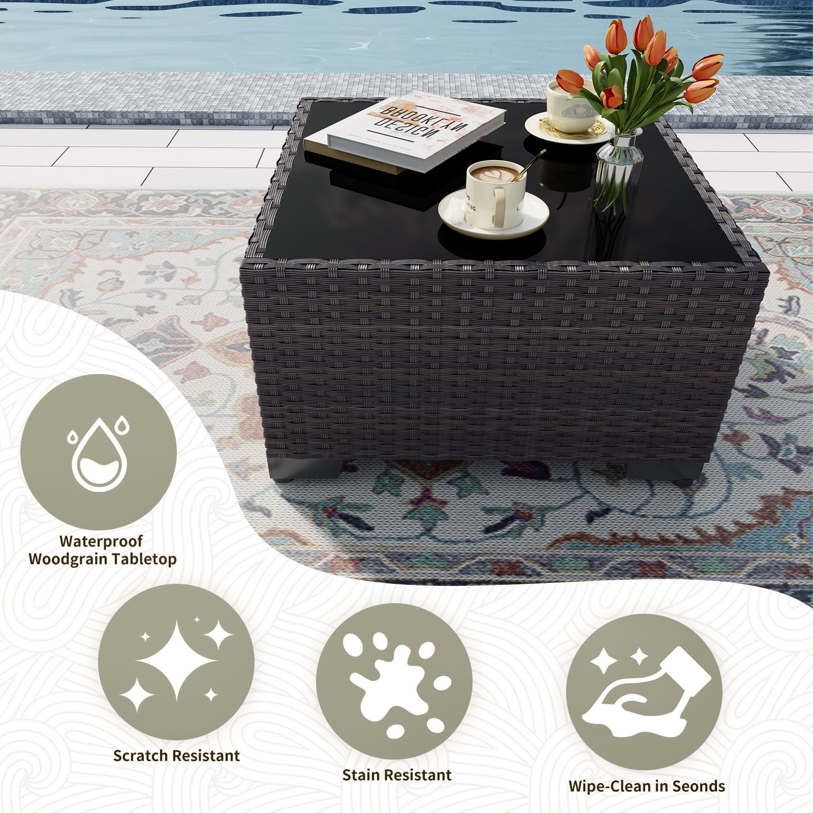 Gotland Outdoor Patio Set 8 Pcs Rattan Wicker Sofa with 43.3" Gas Fire Pit Table, Navy Blue