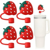 Straw Tip Covers Compatible with Stanley 40 OZ Tumbler Cups, Reusable Silicone Toppers for 0.4 inch/10mm Straws, Soft Protector Cover, 4Pcs Strawberry