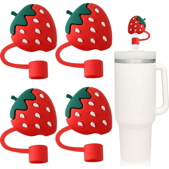 Straw Tip Covers Compatible with Stanley 40 OZ Tumbler Cups, Reusable Silicone Toppers for 0.4 inch/10mm Straws, Soft Protector Cover, 4Pcs Strawberry