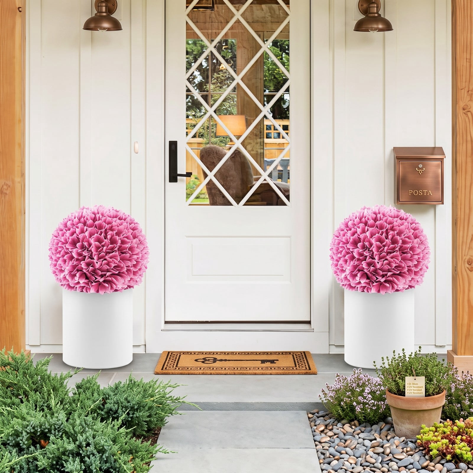 ALPULON Set of 2 Pink Artificial Topiary Balls, 11 Inch Lifelike PE Decorative Floral Spheres for Indoor Outdoor Porch Yard Home Wedding Decor