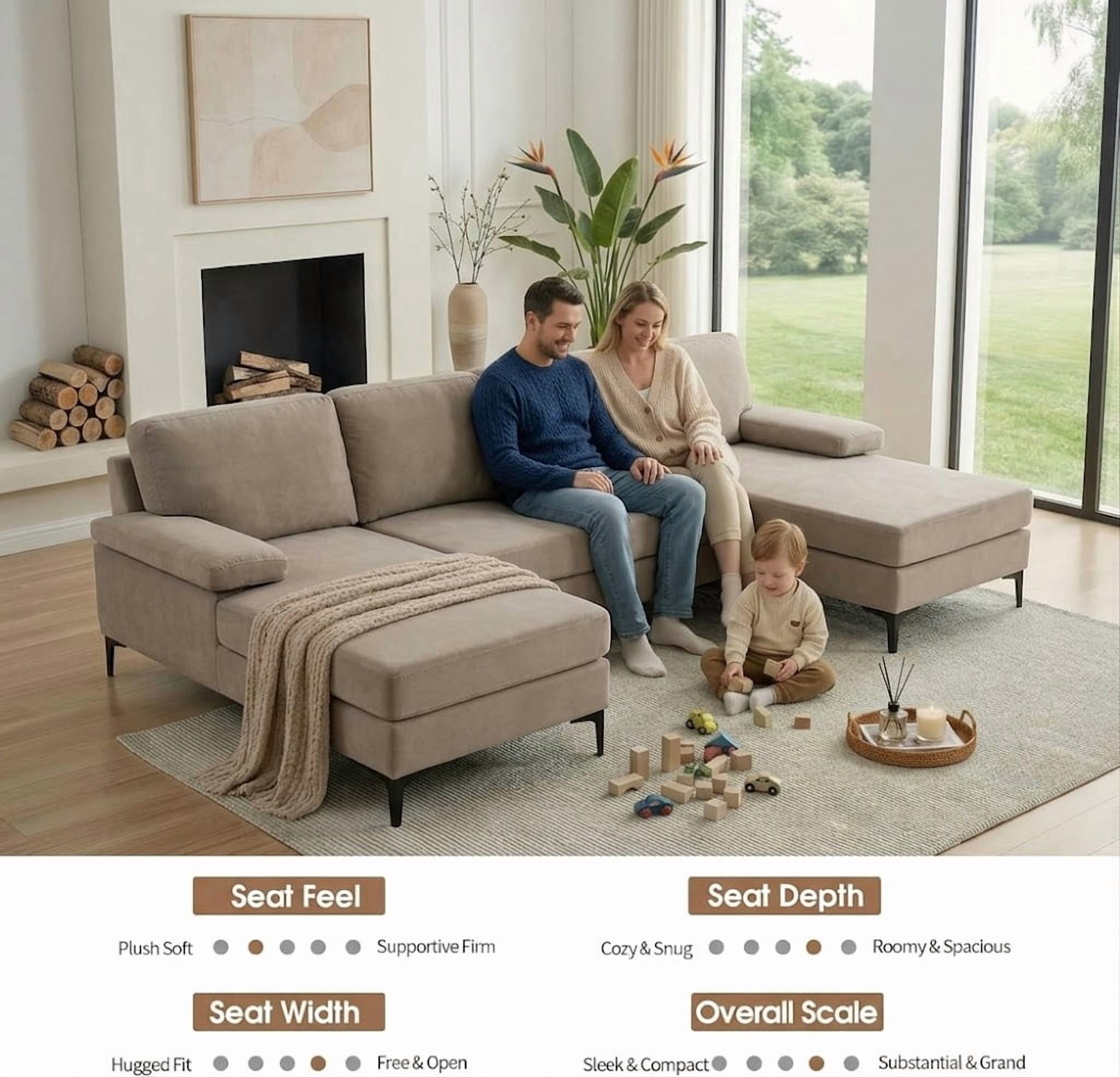 Howcool 106" U-Shaped Sectional Sofa, 4 Seat Modular Couch with Double Chaise, Polyester Blend Upholstered Modern Living Room Furniture with Metal Legs, Khaki(Thick Sponge)