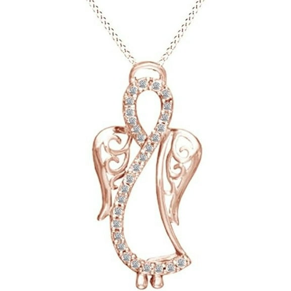 14K Rose Gold Finish 925 Sterling Silver White Diamond Small Angel Pendant Necklace Jewelry for Women