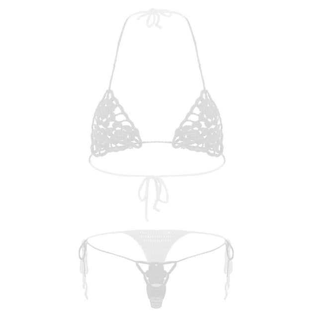 Miutii Women Sexy Handmade Micro Bikini Lingerie Set Crochet G-string String Bathing Suit Swimsuit White M