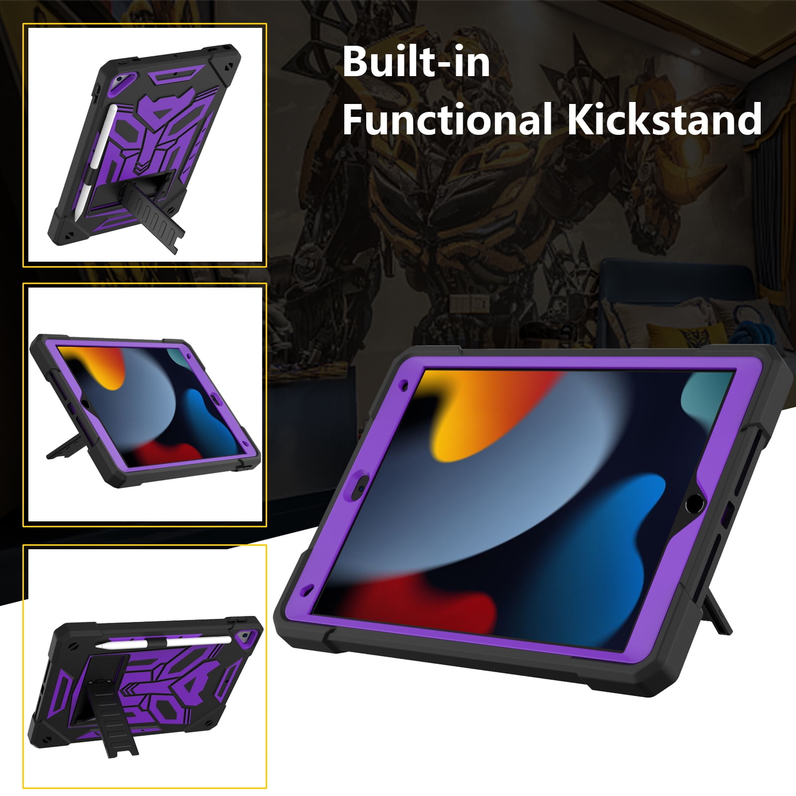 ELEHOLD Hybrid Rugged Case for iPad 9th/8th/7th Gen 10.2 2021/2020/2019, Heavy Duty Shockproof Case with Hidden Foldable Kickstand Adjustable Crossbody Shoulder Strap Pencil Holder,Black+Purple