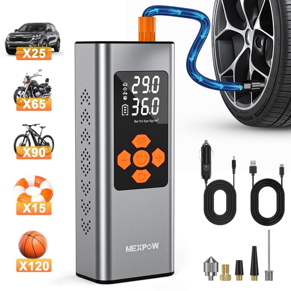 NEXPOW 150PSI Cordless Tire Inflator, 7500mAh Air Compressor with Dual-Screen Display & Auto Shut-Off, Portable Air Pump for Car/Motorcycle/Bike, USB Power Bank LED Light, Gray