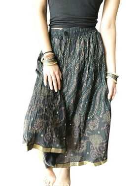 Womens Midi Skirt, Crinkled Printed Gypsy Skirt, Summer Fashion A-line Cotton Boho Festive Skirts M