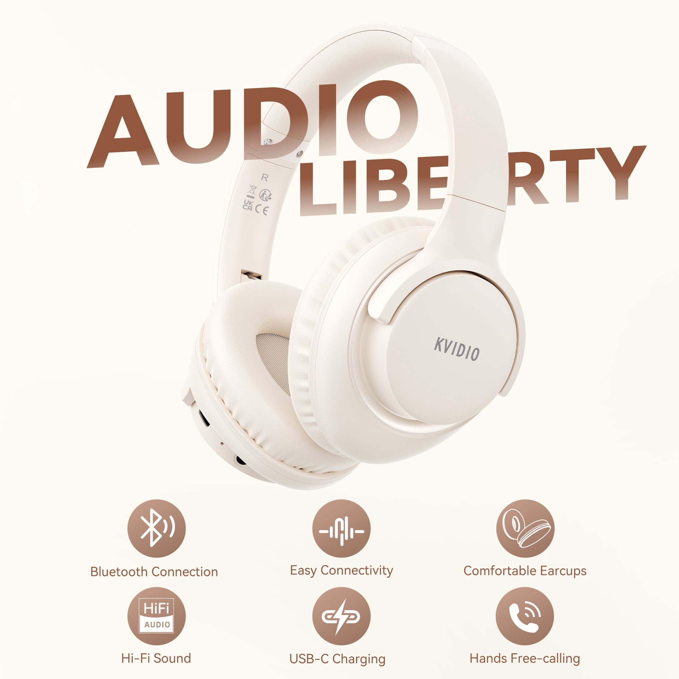 KVIDIO Wireless over-Ear Headphones, Bass HiFi Stereo Wireless Headphones with Microphone, Noise Isolation, Ultra-Long Running Time, Foldable Bluetooth Headphones for Computer Laptop Mobile, Beige