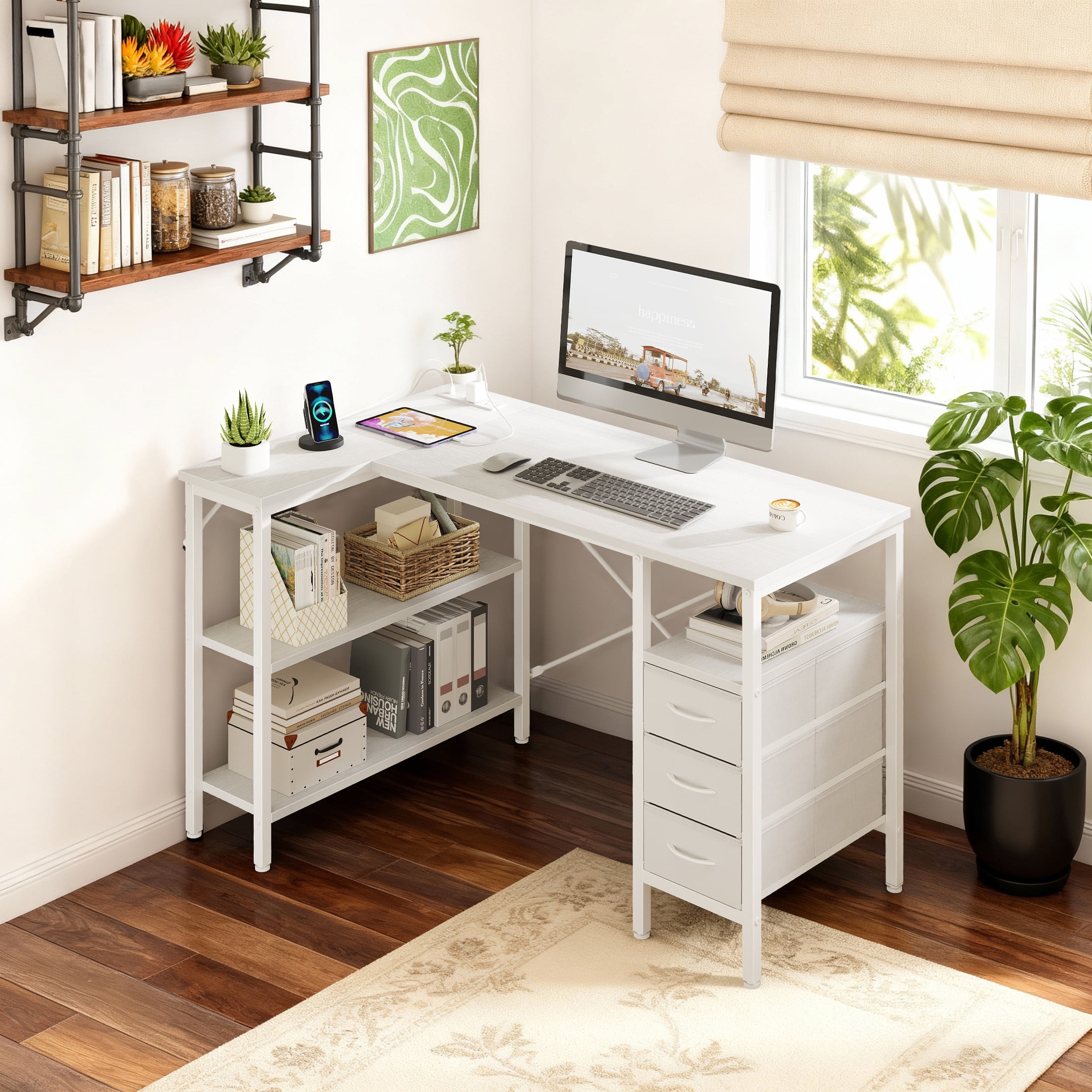 edx 47 Inch L Shaped Desk with Power Outlets, Computer Desk with 3 Drawers, Shelves, Monitor Stand, Corner Work, White