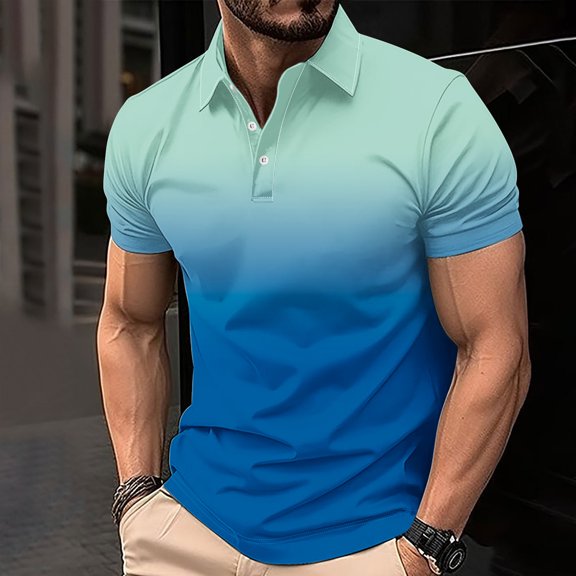 Teissuly Men's Casual Gradient Short Sleeved Lapel Button Up T-shirt Top
