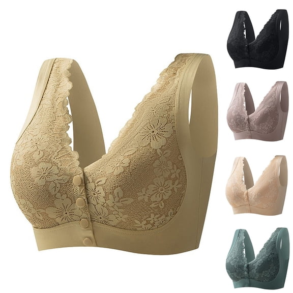 Gymayou Women Lace Seamless Wireless Bra Plus Size Front Snap Vest Style Bralette Front Closure Bras for Older Women Beige L