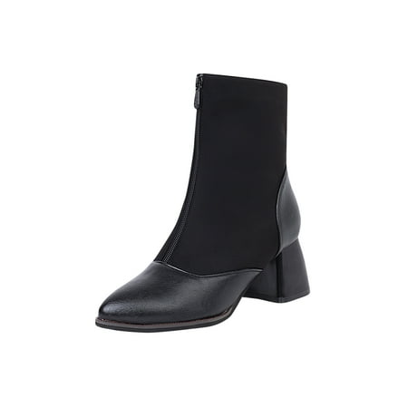 

Winter Savings Clearance Deals 2022! Hvyes Women s Winter Warm Leather Patchwork Suede Front Zipper High Heel Chunky Ankle Boots