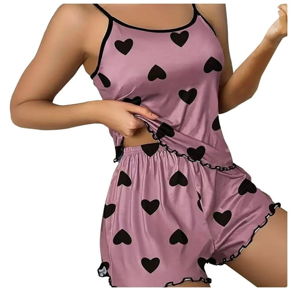 Wang6 Satin Pajamas for Women Set with Shorts Plus Size Soft Pjs Loungewear Sets 2 Piece Spaghetti Strap Tank Tops Shorts Heart Printed Sleepwear Nightwear Sets Pink XL