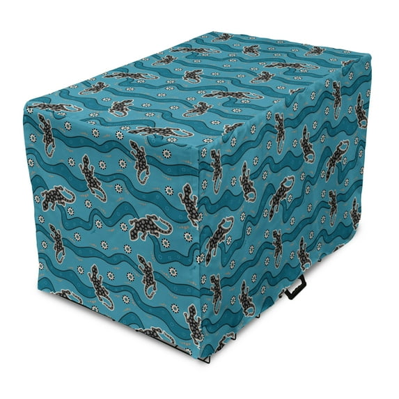 Aboriginal Dog Crate Cover, Reptile on Waves and Dots, Easy to Use Pet Kennel Cover Small Dogs Puppies Kittens, 7 Sizes, Sea Blue Dark Taupe, by Ambesonne