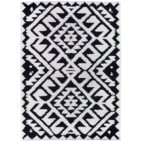 American Art Decor Soft Plush Geometric Aztec Moroccan Pile Shag Accent Rug 5x7 - Black & White