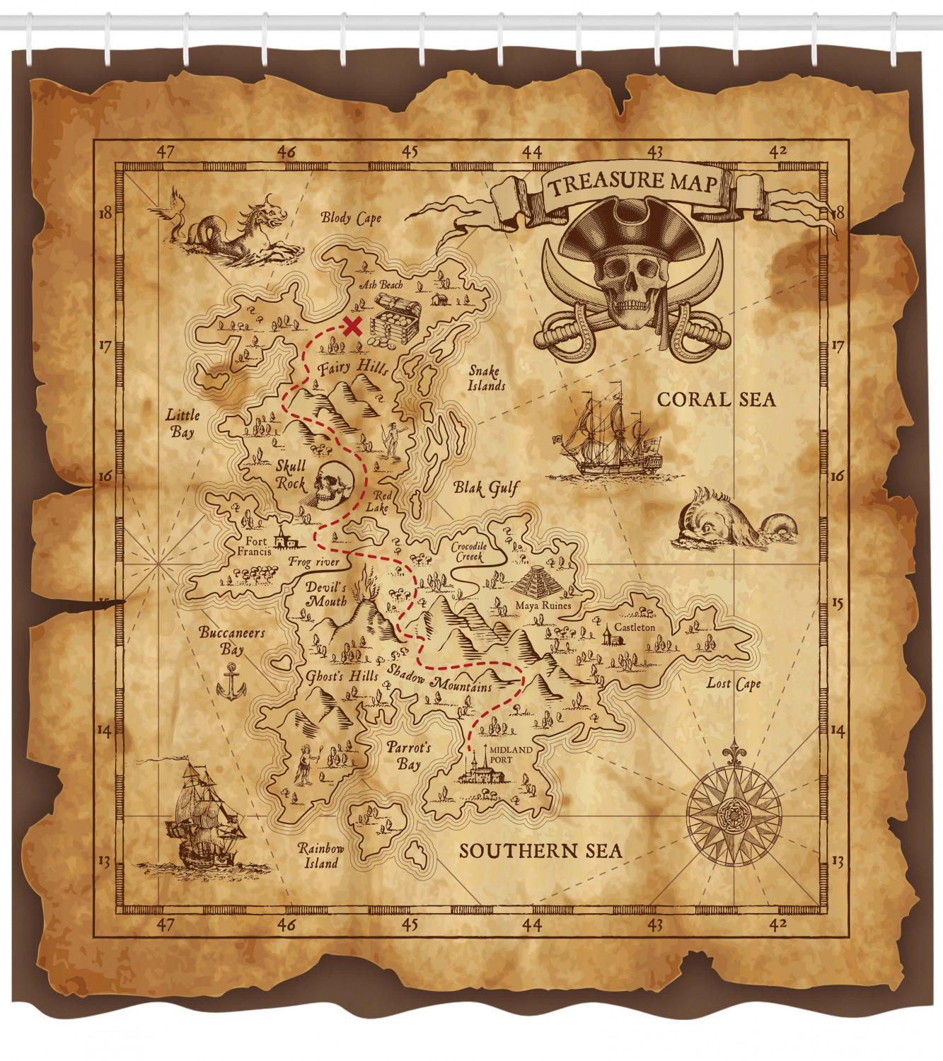 Bathroom Accessories Old Ancient Antique Treasure Map With Details Retro Color Adventure Sailing Pirate Print 69w X 70l Inches Ambesonne Ocean Island Decor Shower Curtain Set Cream Shower Curtain Sets