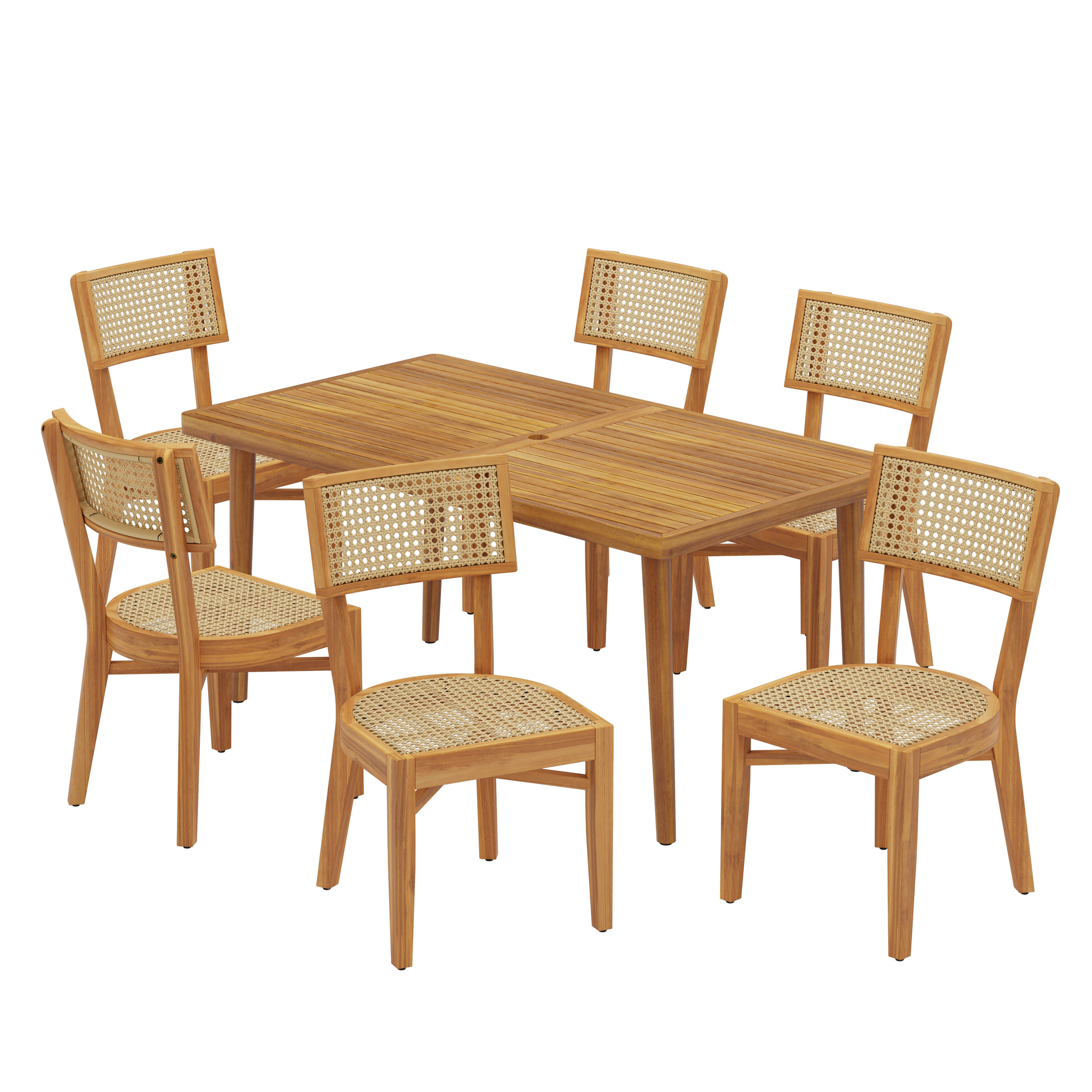 Christopher Knight Home 7-Piece Outdoor Dining Set, 63" Table with Umbrella Hole and Light Brown Wicker Chairs