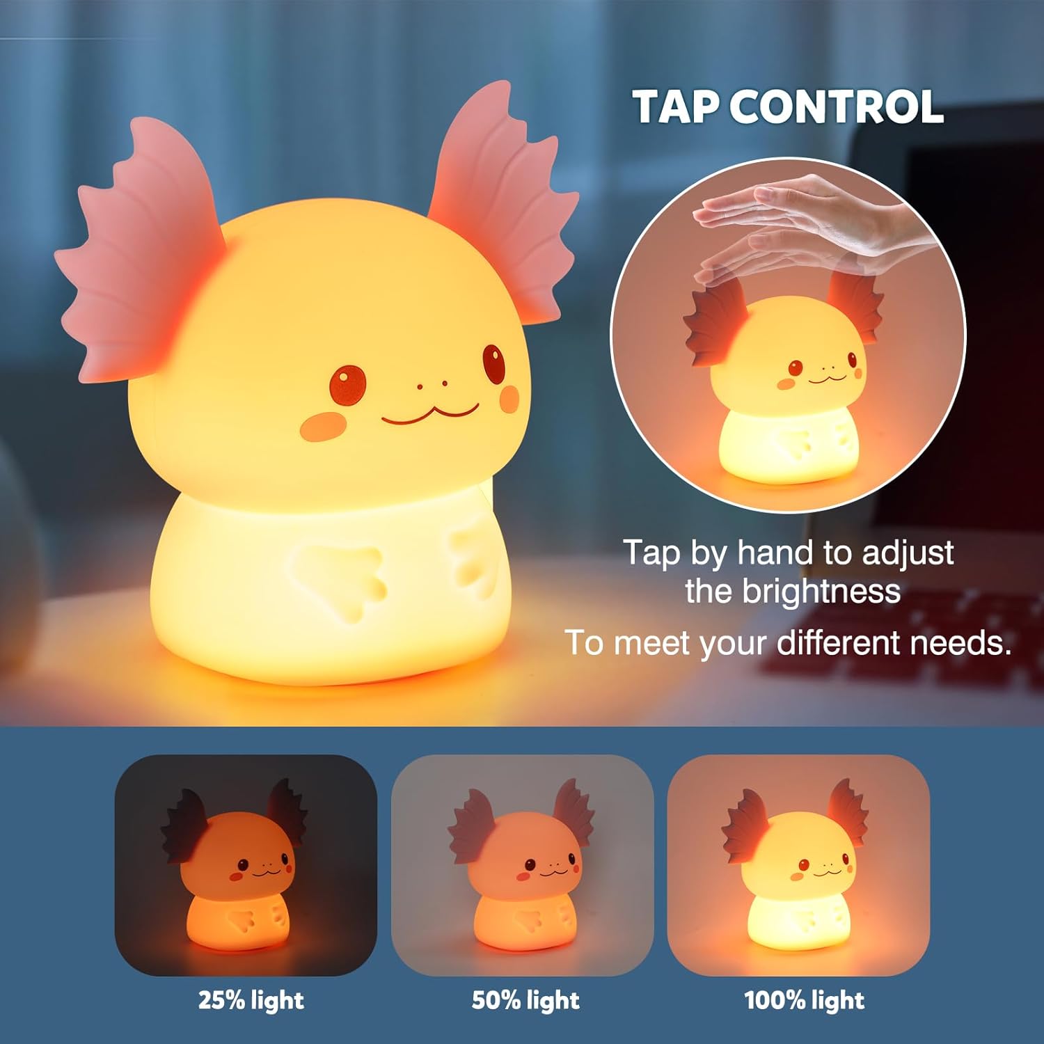 Axolotl Night Light for Kids, Rechargeable Bedroom Bedside Lamp, Night Lamp for Kids Room, Dimmable Nursery Night Light,Girls Boys Room Decor 3 Level Brightness,Animal NightLight for Baby and Toddler