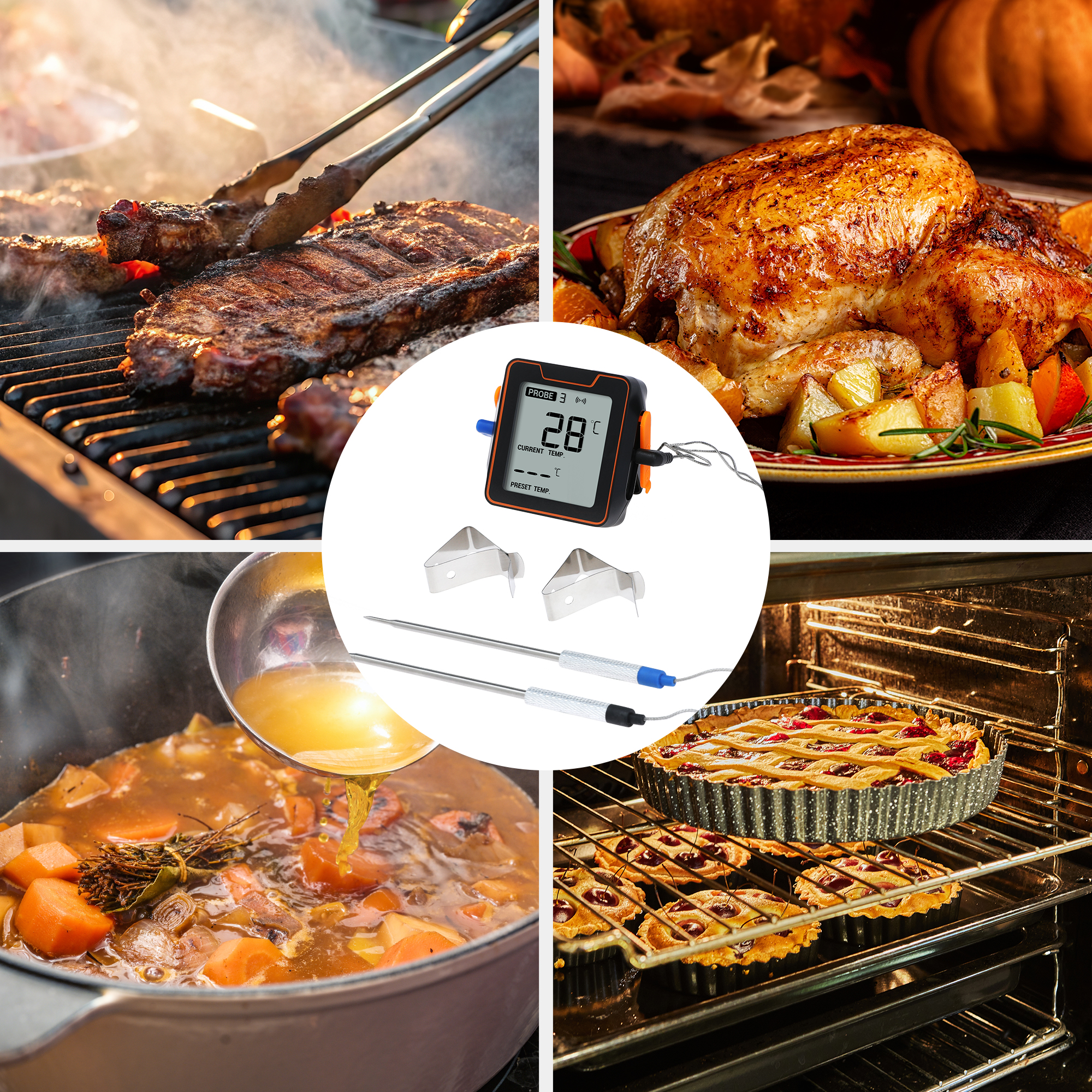 Bluetooth Wireless Meat Thermometer, Instant Read Food Thermometer, Cooking Thermometer for Home and Kitchen 2-pin