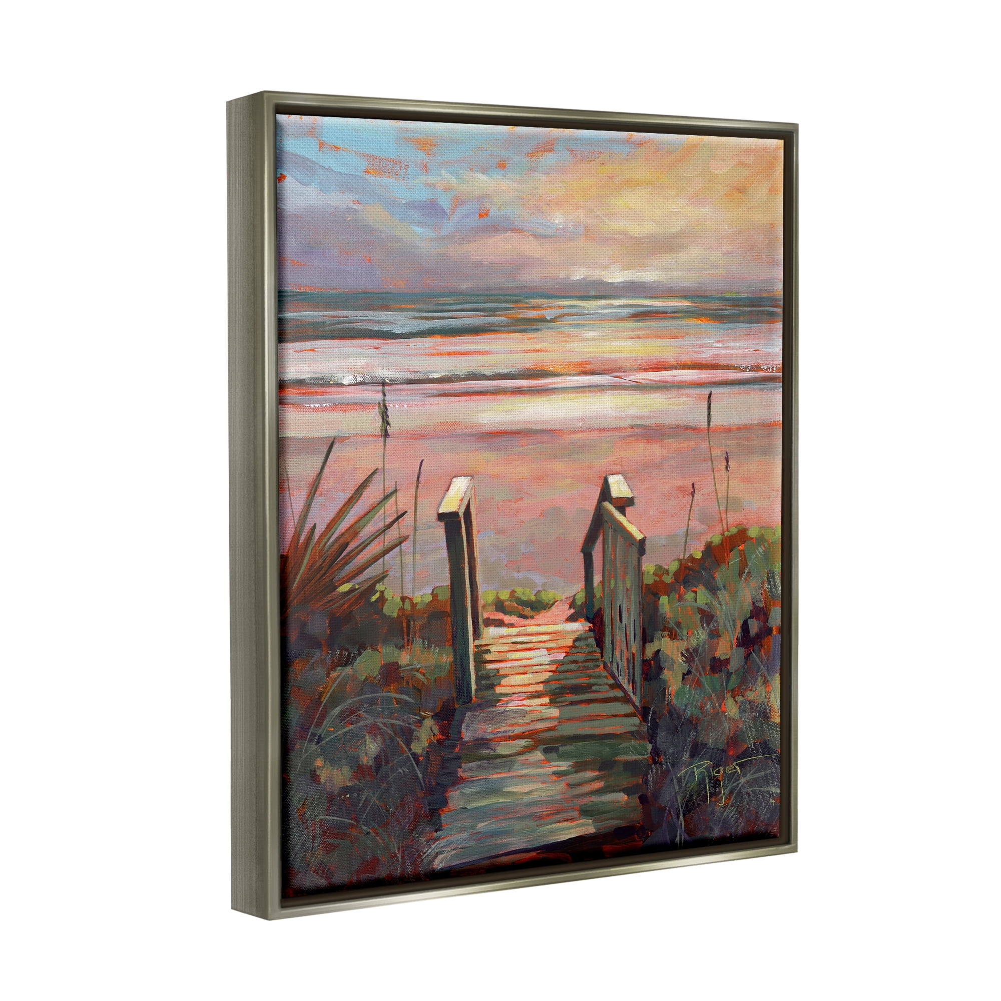 Stupell Industries Beach Shore Sunset Boardwalk Path Coastal Painting Gray Floater Framed Art Print Wall Art