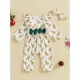 thumbnail image 4 of Baby Toddler Girl Christmas Outfit, 0 3 6 9 12 18 Months Reindeer Print Ruffle Long Sleeve Full Length Romper with Bow Headband 2 Piece Clothing Set, 4 of 9