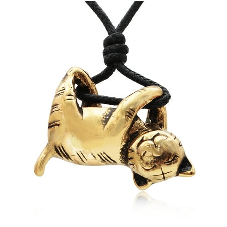 - New Relaxing Cat Feline Gold Brass Charm Necklace Pendant Jewelry With Cotton Cord