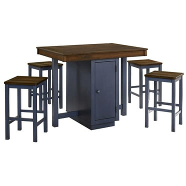 Benjara 5 Piece Counter Height Dining Table Set, 4 Stools, Antique Oak, Blue Wood