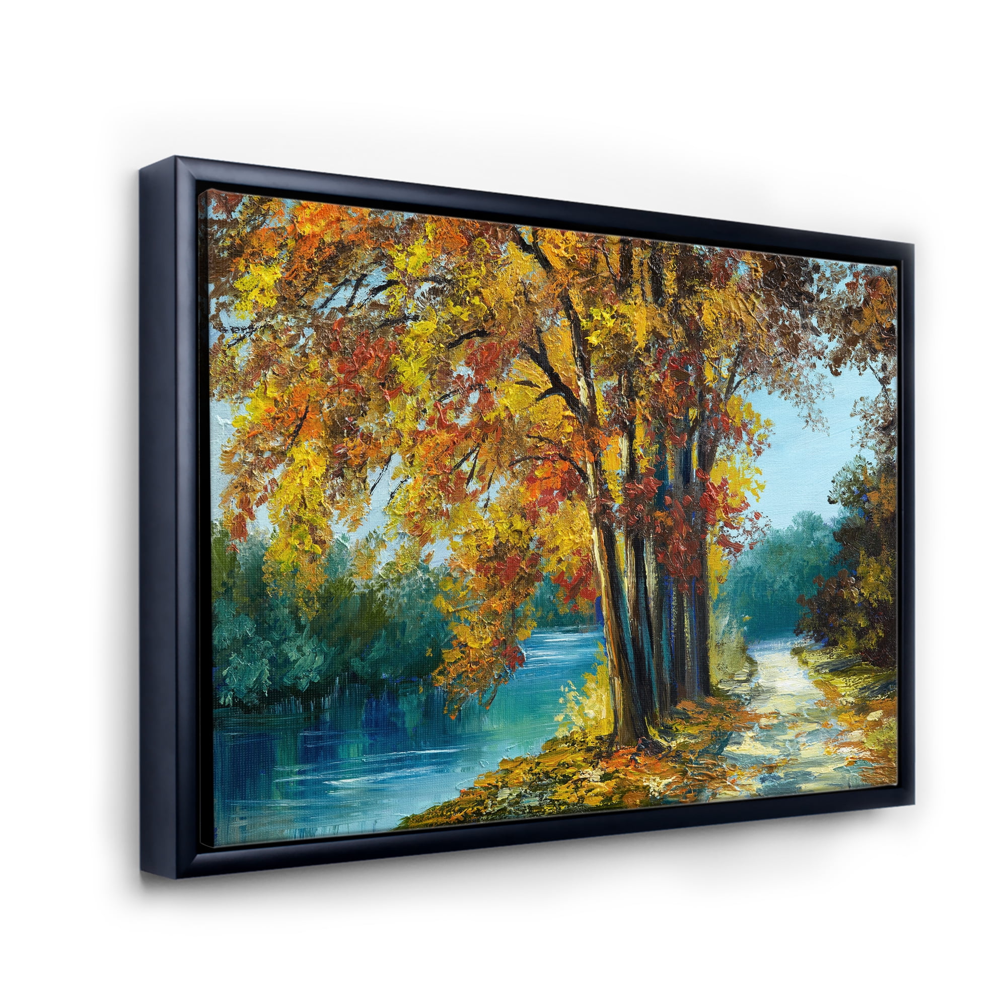Abstract Trees In Warm Autumn Colors By Bright Blue River 32 in x 24 in Framed Painting Canvas Art Print, by Designart