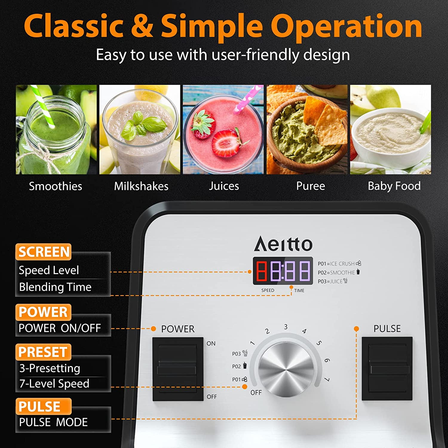Blender, Blenders for Kitchen with 1500-Watt Motor, 68 Oz Large Capacity, Professional Countop Blenders for Ice Crush, Frozen Drinks, Silver
