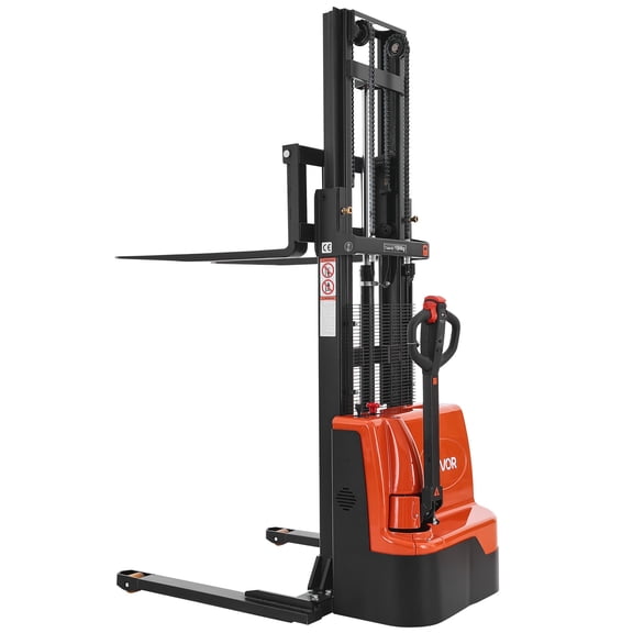 VEVOR Full Electric Pallet Stacker, 3300 lbs Capacity, Pallet Lift Stacker Forklift with Straddle Legs & Forks, 96.06 Inches Lifting Height & 8.66-31.1 Inches Adjustable Fork Width, Orange & Black