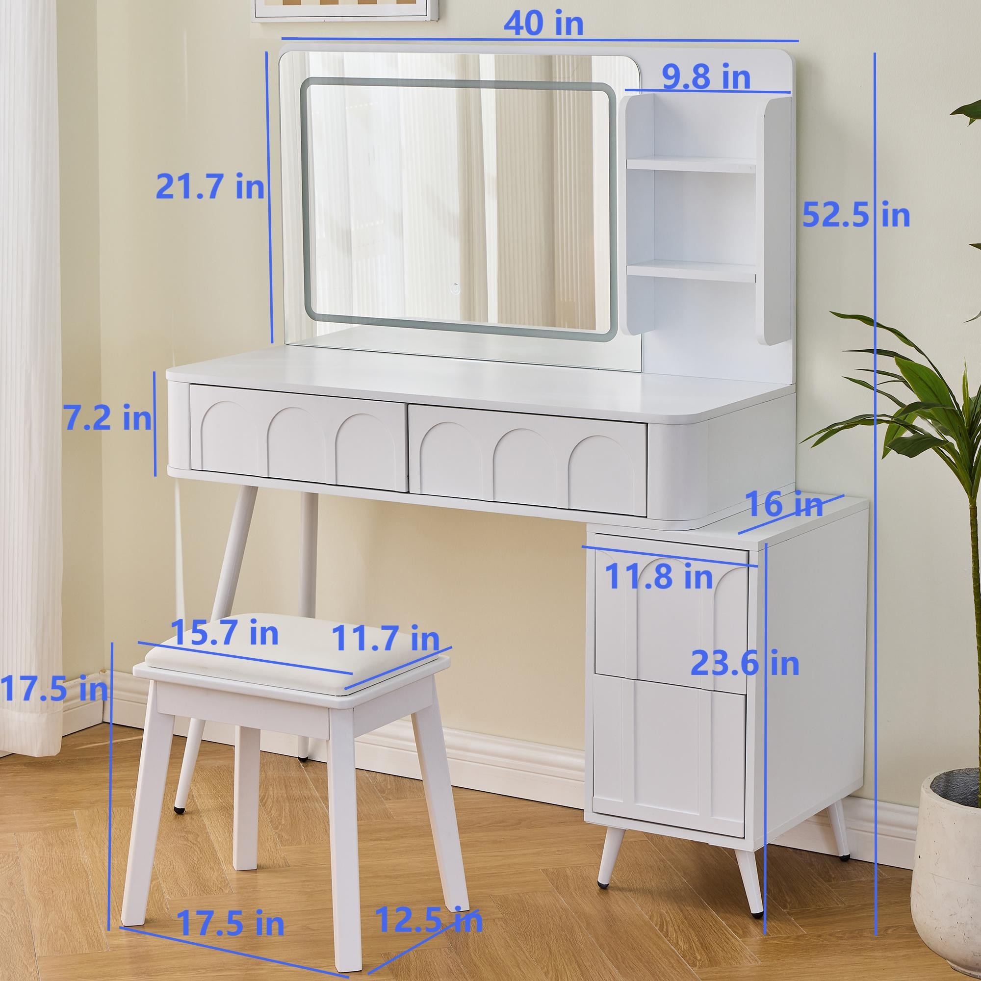 AENKYO Vanity Table Set with LED Lighted Mirror, 4 Drawers, Makeup Table with Movable Side Cabinet & Stool, White