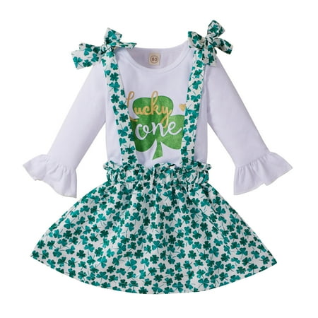 

Newborn Baby Girl St. Patrick s Day Clovers Tops+Bowknot Suspender Skirt Set