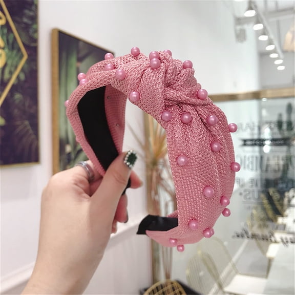 Ljudmp Faux Pearl Knotted Headbands for Women & Girls Top Knot Fabric Head Wrap Hair Band Non Slip Wide Trendy Hair Accessories Hot Pink
