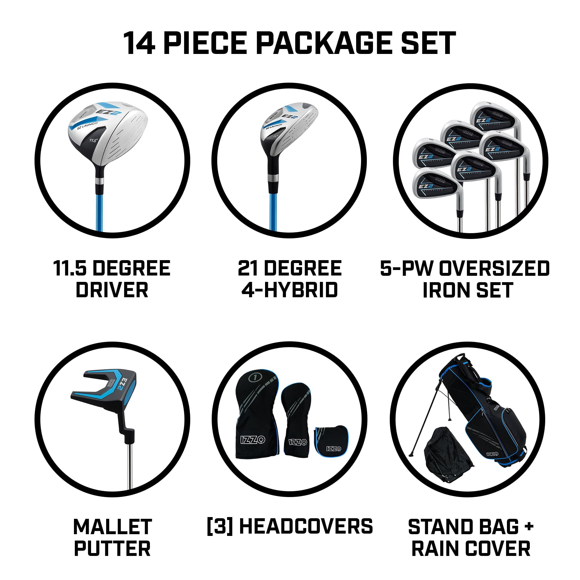 IZZO Golf EZ2 14 Piece Mens Right Hand Golf Club Set With Golf Bag - 14 piece complete golf club set for right handed golfers, comes with golf bag