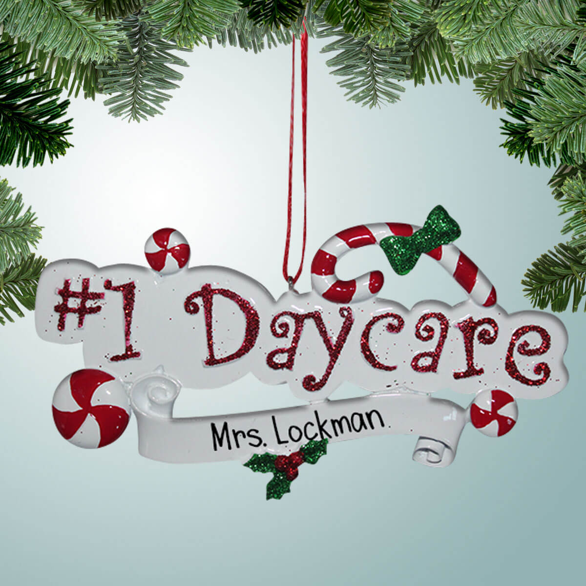 Personalized 1 Daycare Banner Red Christmas Ornament Childcare