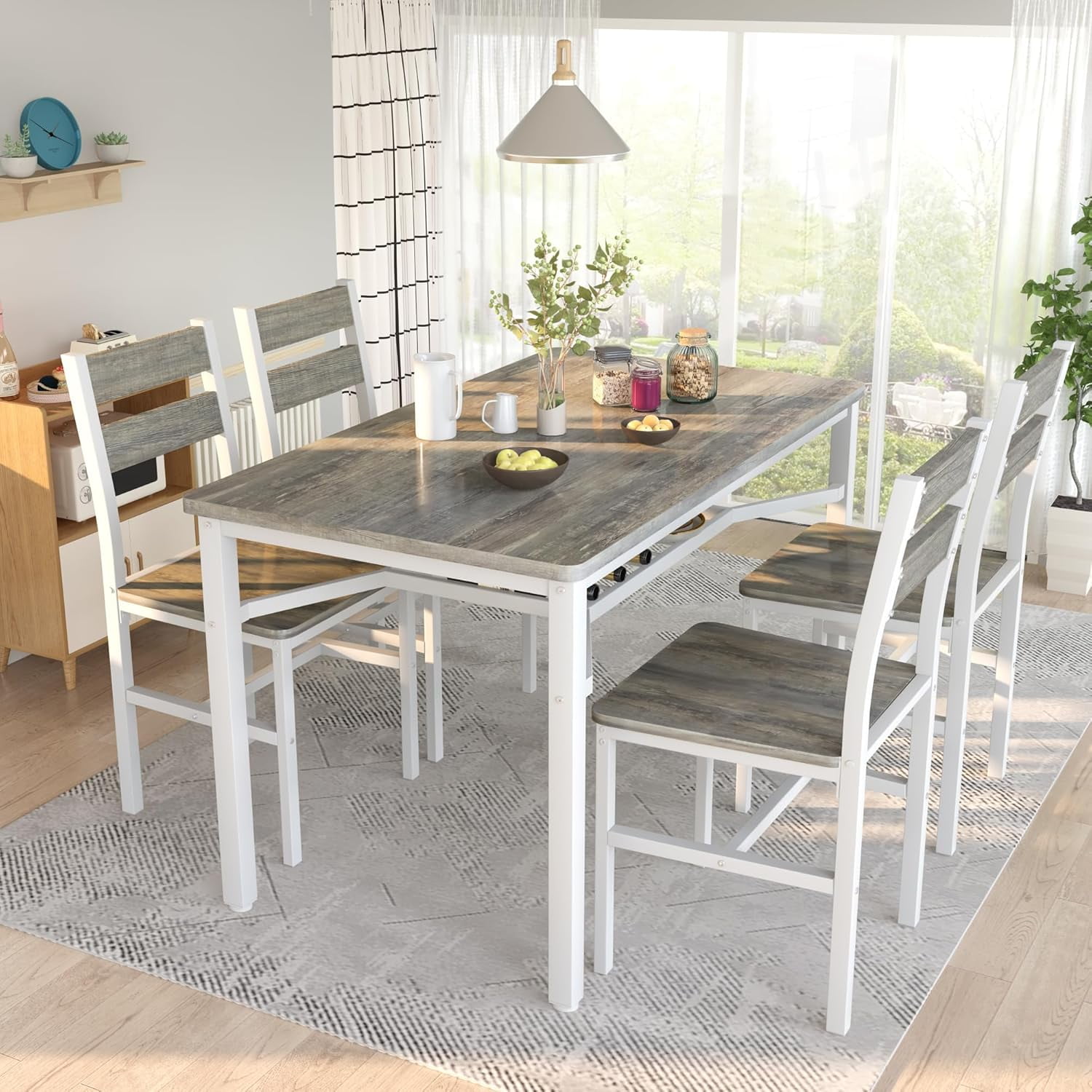 LinkRomat Dining Table Set for 4, Farmhouse Kitchen Table with 4 Wood Chairs, Dining Room Set for Breakfast Nook, Small Places, Restaurant, Gray