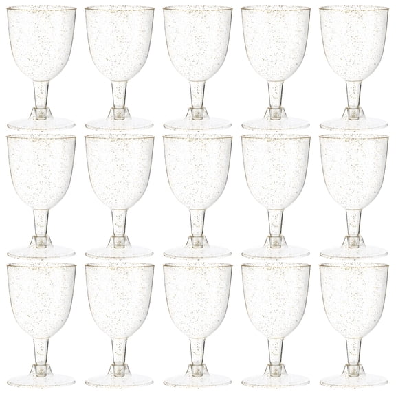 50 Pcs Gold Glitter Plastic Wine Glasses, Disposable Cocktail Cups, Elegant Tall Design, Clear Champagne Goblets for Wedding, Parties, Celebrations, Easy to Assemble
