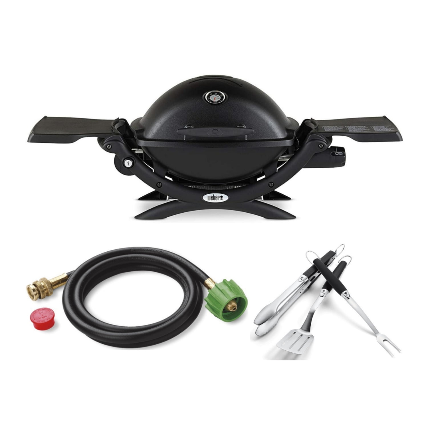 er Q 1200 Gas Grill (Black) with Adapter Hose and 3Piece Grilling